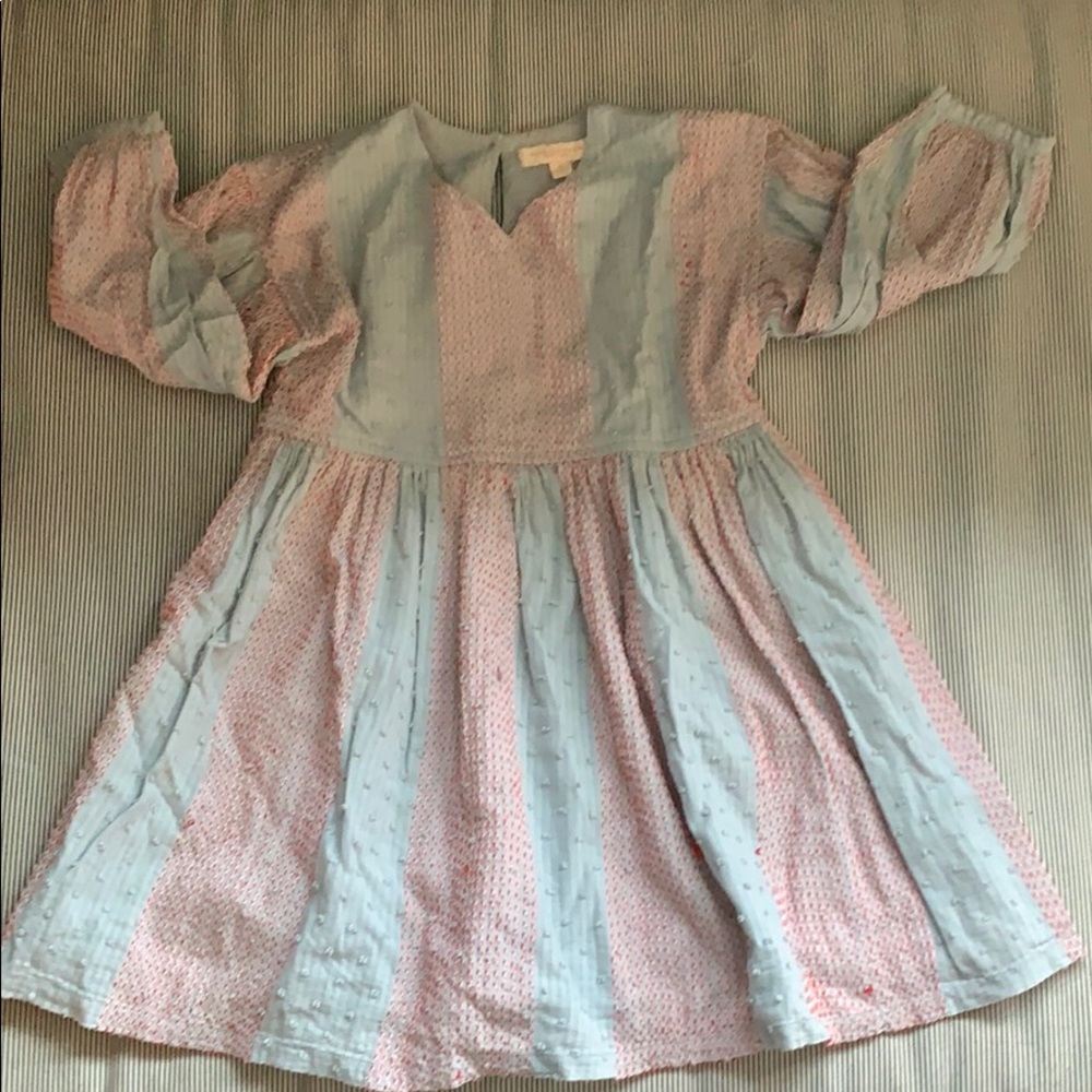 Blue Swiss dot embroidered pink chicken dress 4y